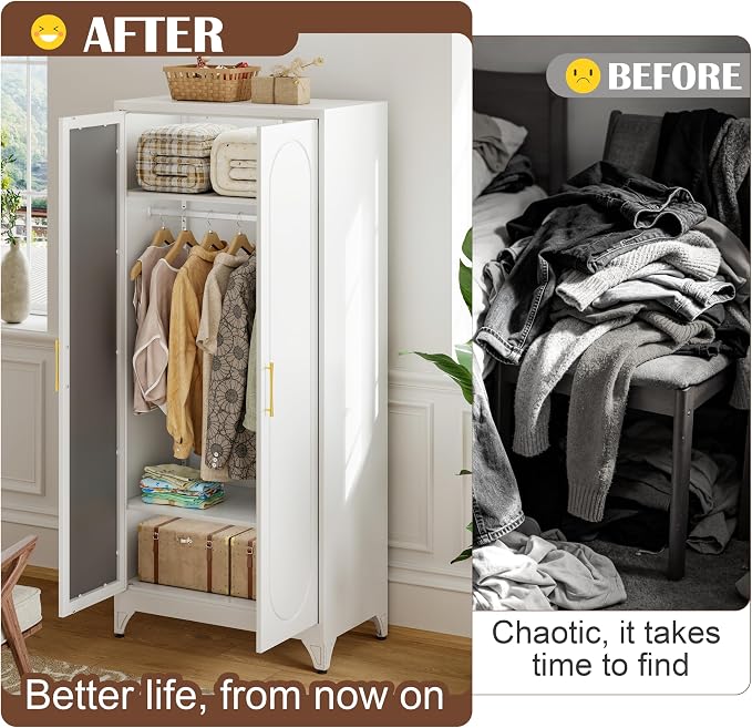 SteeLoong Metal Wardrobe Cabinet with Hanging Rod, 71" Tall Armoire Wardrobe Closet with Mirror Doors and Adjustable Shelves, White Clothing Storage Cabinets for Bedroom, Laundry Room,Office