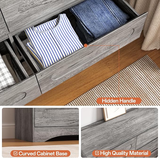 3 Piece Bedroom Set, Dresser and Nightstand Sets for Bedroom | Wood 6 Drawer Dresser & Night Stand Set of 2, Wide Chest of Drawers Modern Storage Cabinet Bedroom Furniture Set, Grey
