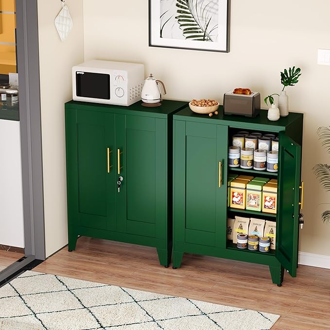 GAIOUS Metal Pantry Cabinet (Two Units), Sideboard Buffet Storage Cabient | with Doors and 2 Adjustable Shelves, Multifunctional Green Kitchen Cupboard for Home Office, Accent Furniture, Buffet Table