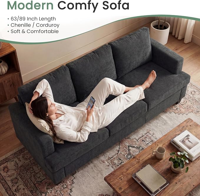 YOUDENOVA Sofa, 89" 3-Seater Deep Seat Sofa, Modern Comfy Couches for Living Room Apartment Lounge, Dark Grey Chenille