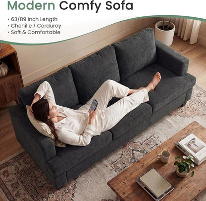 YOUDENOVA Sofa, 89" 3-Seater Deep Seat Sofa, Modern Comfy Couches for Living Room Apartment Lounge, Dark Grey Chenille