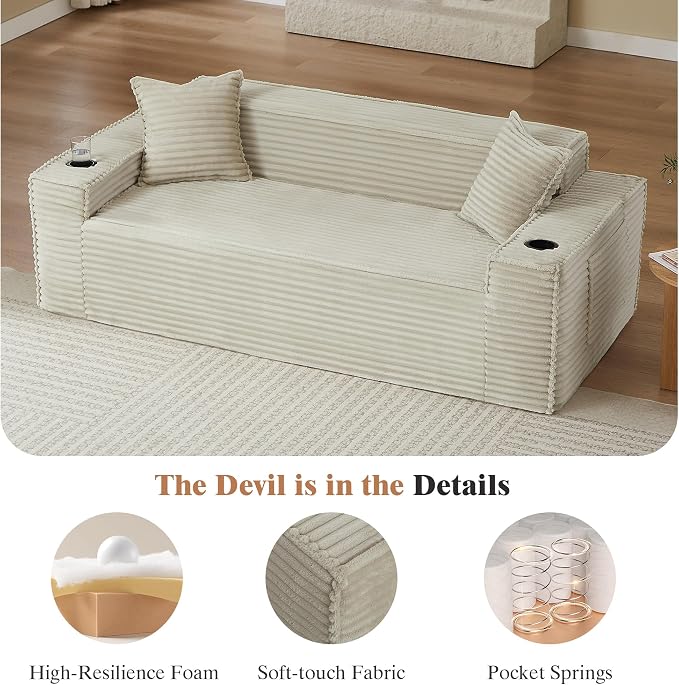 2 Pcs Living Room Cloud Sofa Set,Boneless Sofa Couch with Cup Holder and Side Pocket for Compact Living Rooms, Apartments (Camel, Loveseat + 3 Seat Sofa)