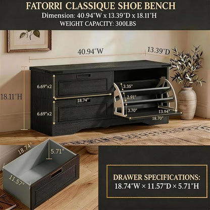 FATORRI Entryway Bench with Storage, 41 Inch Shoe Storage Bench, Industrial Wood Shoe Bench for Entry Way, Living Room, Bedroom and Mudroom (Black)