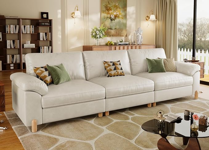 SITJOY Large Cloud Couch, 118" Wide 3 Seater Sofa, Faux Leather in White | Pet-Friendly Scratch-Resistant Leather Sectional Sofas for Living Room, Deep Seat Wide Couch