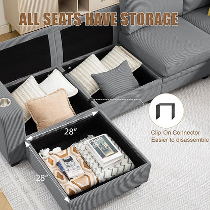 127" Modular Sectional Sofa with Storage, Corduroy 6-Seater U-Shaped Sofa with Ottoman Chaise, Cloud Sectional Couches for Living Room, Apartment