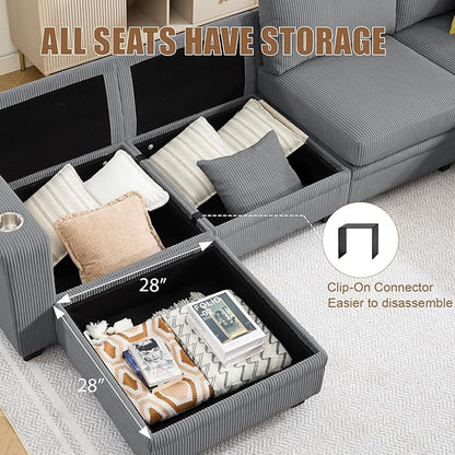 97" Modular Sectional Sofa with Storage, Corduroy 6-Seater V-Shaped Sofa with Ottoman Chaise, Convertible L-Shaped U-Shaped Cloud Sectional Couches for Living Room, Apartment