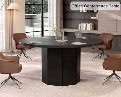 HSH Black Round Dining Table, 47” Modern Dinner Table only for 4-6 People, Modern Circle Kitchen Table for Home Living Room, Wood and Metal Dining Room Desk with Octagon Base, Black Oak, 47 Inch