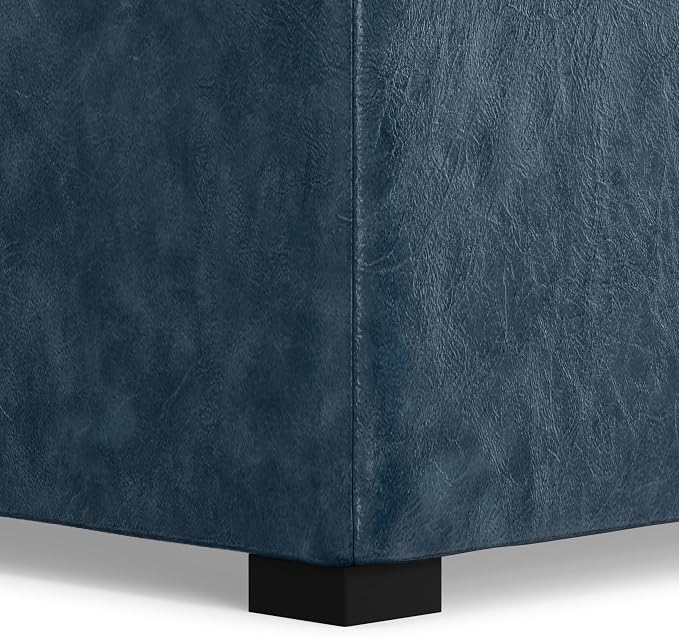SIMPLIHOME Avalon 35 inch Wide Contemporary Square Coffee Table Storage Ottoman in Denim Blue Vegan Faux Leather, Assembled, For the Living Room and Bedroom