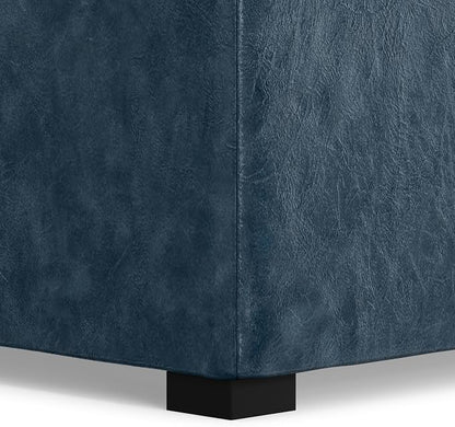 SIMPLIHOME Avalon 35 inch Wide Contemporary Square Coffee Table Storage Ottoman in Denim Blue Vegan Faux Leather, Assembled, For the Living Room and Bedroom
