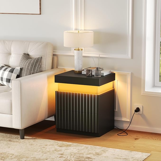 Nightstand Set of 2 Black Nightstand with Charging Station LED Night Stands with Drawers Modern Bedside Table with Sliding Top Night Table Fluted End Tables for Bedroom, Apartment, Dorm