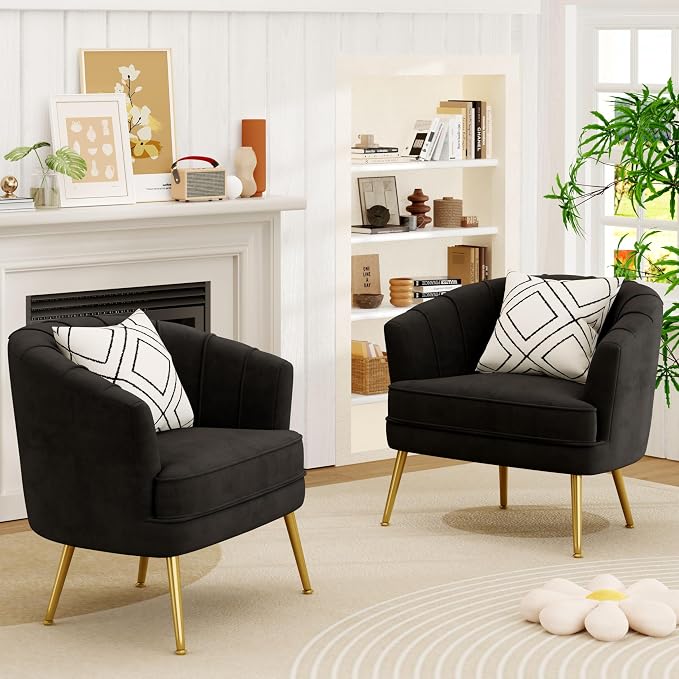 Andeworld Velvet Accent Chair Set of 2, Upholstered Modern Single Sofa Side Chair,Comfy Barrel Club Living Room Armchair with Golden Metal Legs for Bedroom Living Reading Room Office, Black