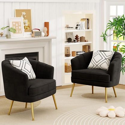 Andeworld Velvet Accent Chair Set of 2, Upholstered Modern Single Sofa Side Chair,Comfy Barrel Club Living Room Armchair with Golden Metal Legs for Bedroom Living Reading Room Office, Black
