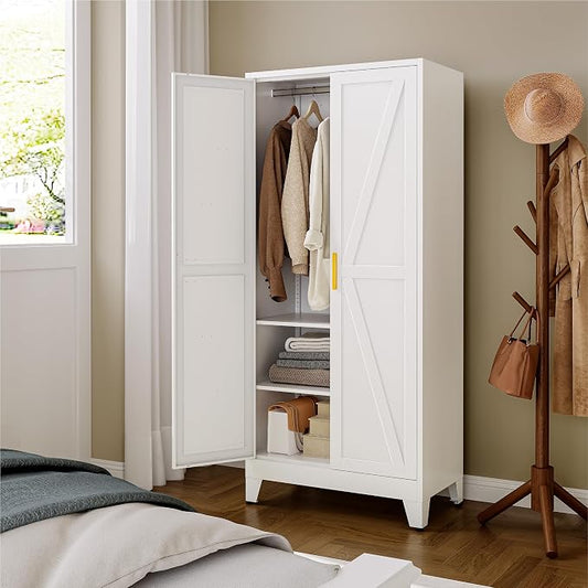 YAUWOH Farmhouse Wardrobe Cabinet,Metal Wardrobe Closet with Hanging Rod,Metal Armoire with Adjustable Shelves for Bedroom,Cloak Room,Office (White)