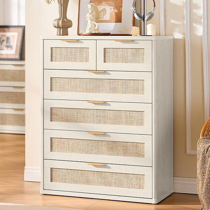 LEYAOYAO White Dresser for Bedroom, 41" Tall Chest of Drawers, Modern 6 Drawers Boho Rattan Dressers with Storage, Dresser Wooden Closet Organizer for Living Room, Hallway
