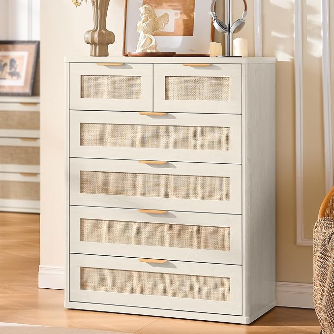LEYAOYAO White Dresser for Bedroom Set of 2, 41" Tall Chest of Drawers, Modern 6 Drawers Boho Rattan Dressers with Storage, Dresser Wooden Closet Organizer for Living Room, Hallway