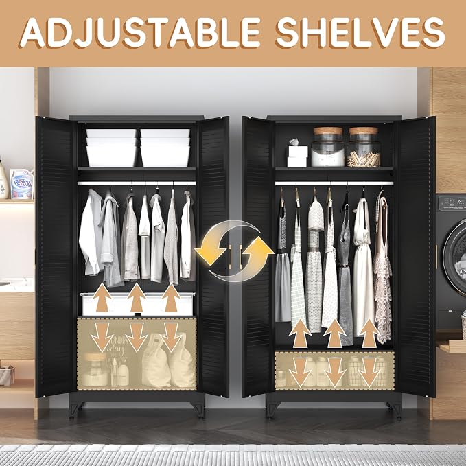 SteeLoong 71" Metal Wardrobe Cabinet with Hanging Rod, Armoire Wardrobe Closet with Doors and Adjustable Shelves, Black Clothing Storage Cabinets for Bedroom Office,School,Hospital