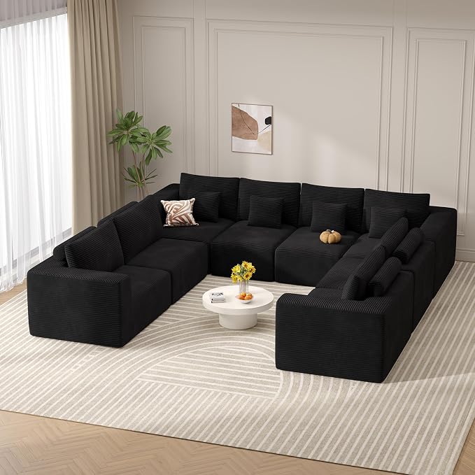 Modern U Shaped Modular Sectional Sofa, Convertible Oversized Cloud Couches for Living Room, Comfy 8 Seater Corduroy Boneless Couch Sofa Set, No Assembly Required, Beige 1 PCS
