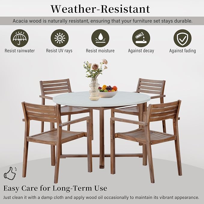 VilroCaz 5-Piece Acacia Wood Outdoor Dining Set for 4, All-Weather 47.2" Round Dining Table with 4 Armchairs and Slatted Design for Patios, Gardens, Pool Sides, and Lawn Areas (Light Brown-4.11)