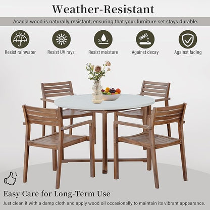 VilroCaz 5-Piece Acacia Wood Outdoor Dining Set for 4, All-Weather 47.2" Round Dining Table with 4 Armchairs and Slatted Design for Patios, Gardens, Pool Sides, and Lawn Areas (Light Brown-4.11)