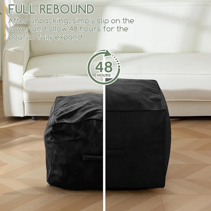 HIGOGOGO Square Stuffed Pouf Ottoman, Pu Leather Poufs with Foam Chunk Filling, Furry and Fluffy Pouf Foot Stool Storage Ottoman,26x18 Inches Floor Poufs Foot Rest for Living Room, Black