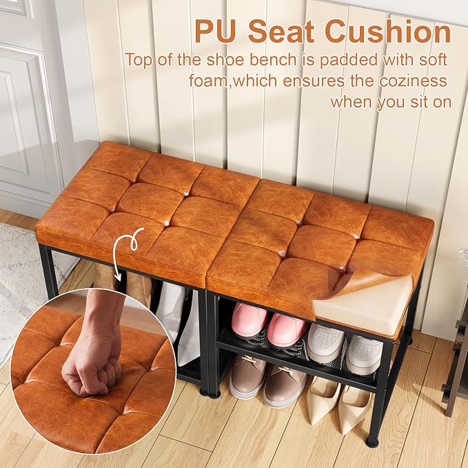 DreamDashio Set of 2 Small Shoe Storage Benches with PU Leather Cushion, 3-Tier Shoe Rack Organizer for Entryway, Metal Mesh Shelves, Holds Up to 300 lbs, Brown (31.5"x11.4"x17.5")
