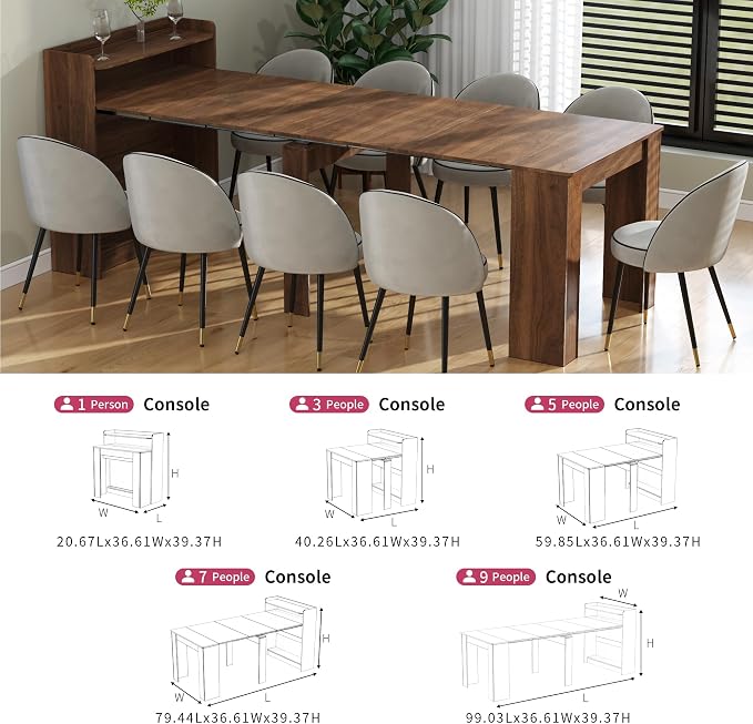 Transformer Folding Console Table for 10-12 People, Extendable Dining Table, Space Saving Dining Room Table for Apartments & Homes, Modern Walnut