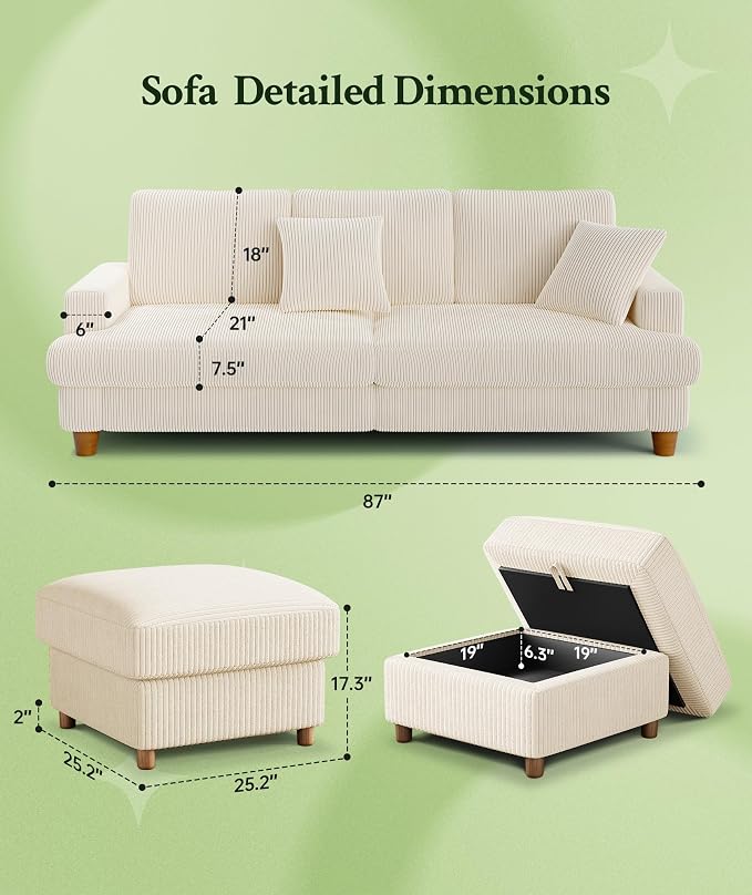 Welzona 87.2" Couches for Living Room, Comfy U Shaped Couch Beige 7.5" Thicker Cushion, Sofas for Living Room Tool-Free Setup, Loveseat with Ottoman 848lbs Support, Corduroy Couch for Bedroom, Office
