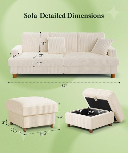 Welzona 87.2" Couches for Living Room, Comfy U Shaped Couch Beige 7.5" Thicker Cushion, Sofas for Living Room Tool-Free Setup, Loveseat with Ottoman 848lbs Support, Corduroy Couch for Bedroom, Office