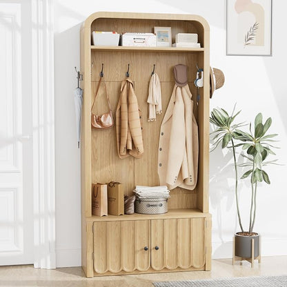 Narrow Hall Tree with Bench and Shoe Storage, Arched Entryway Coat Rack with Adjustable Shoe Cabinet,8 Hooks, Modern Rustic Mudroom Storage Organizer with Scalloped Wave Fluted Doors (Nature Oak)