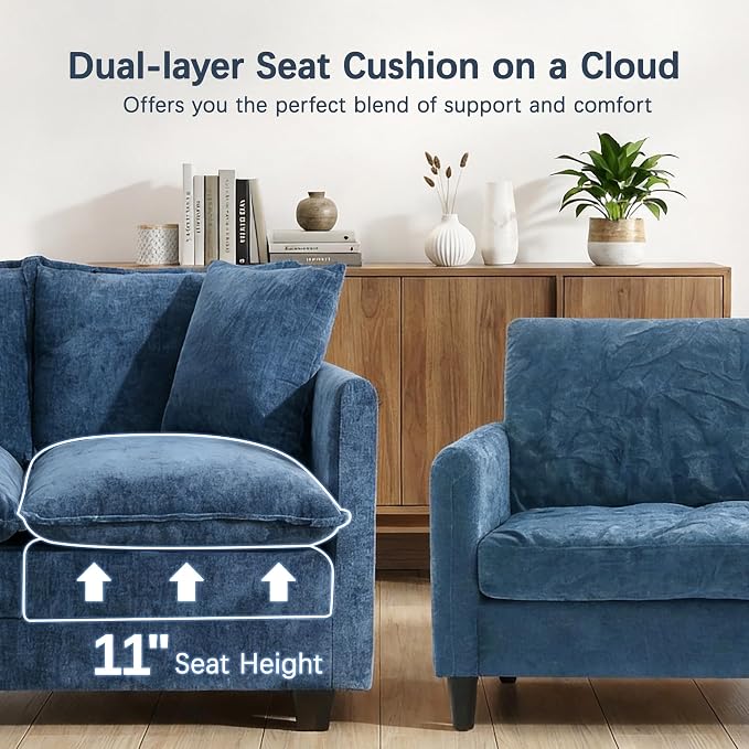 Loveseat Sofa, 52''Modern Cloud Sofa Couch with 27" Deep Seat & 2 Pillows, Comfy Chenille Small Couch for Small Spaces, Apartment, Studio, Bedroom, Living Room (Blue, Loveseat)