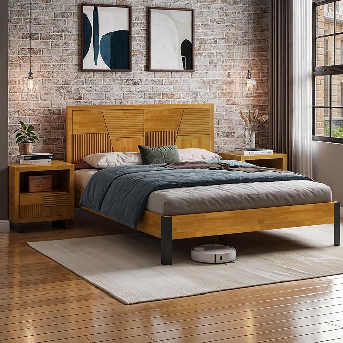 Bme Trapeze Queen Bed Frame – Modern Solid Wood Bed with Smooth Pattern Headboard, Black Metal Legs, Teak Brown Finish – Durable Queen Size Platform Bed for Contemporary Bedrooms