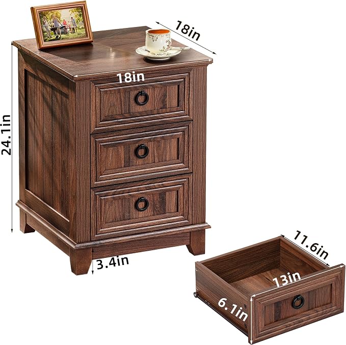 Joaxswe Farmhouse Nightstand Set of 2, 18 Inch End Table with 3 Drawer Metal Handle, Dresser for Bedroom, Sofa Bed Side Table Chest of Drawers,Wood Night Stand Cabinet for Organizer, Living Room-Brown