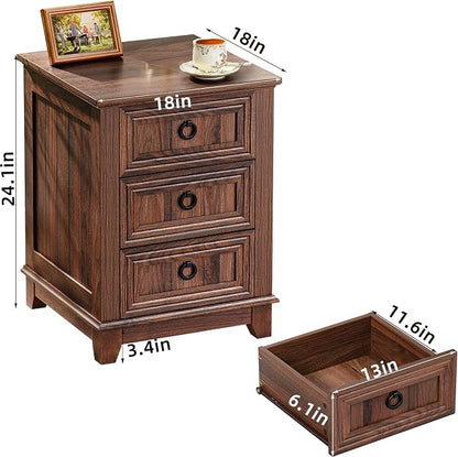 Joaxswe Farmhouse Nightstand Set of 2, 18 Inch End Table with 3 Drawer Metal Handle, Dresser for Bedroom, Sofa Bed Side Table Chest of Drawers,Wood Night Stand Cabinet for Organizer, Living Room-Brown