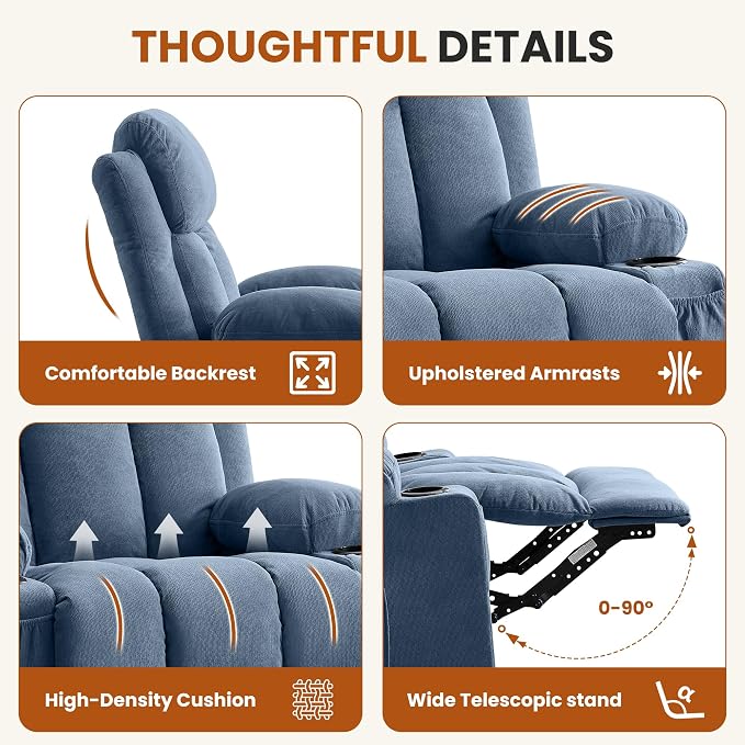MAHOMICO Swivel Rocker Recliner Chair with Vibration Massage and Heat for Living Room,with Rocking Function and Side Pocket, USB Charge Port,2 Cup Holders