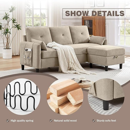 Convertible Sectional Sofa, 77" Small L Shaped 3 Seat Couch with Reversible Storage Chaise, Modern Polyester Fabric Sofa Couches for Living Room, Apartment and Small Space, Beige
