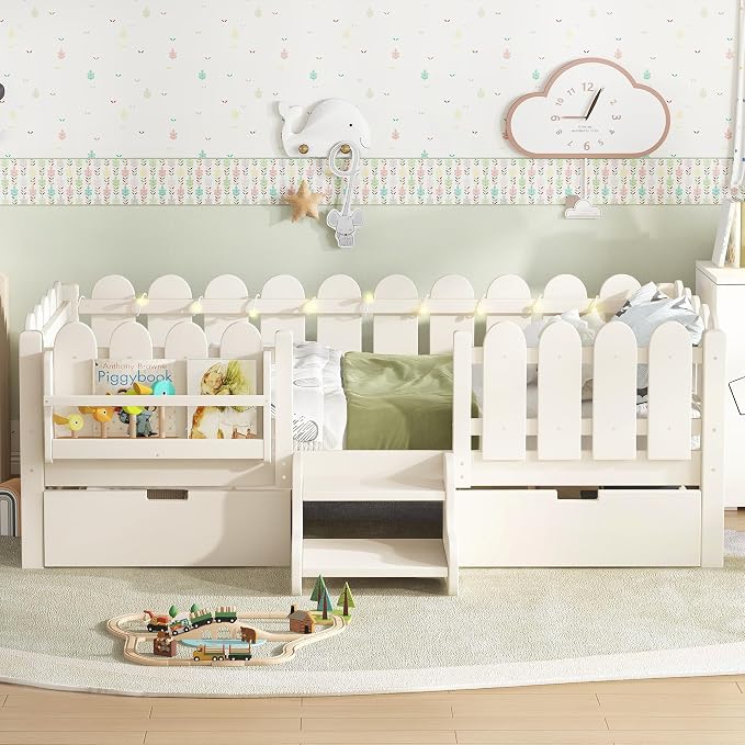 Bellemave Twin Montessori Bed with Stairs, Lights, Rails and Slats, Twin Size Montessori Floor Bed with Bookshelf and 2 Storage Drawers, Easy Assemble Beds Frame for Girls, Boys, Beige