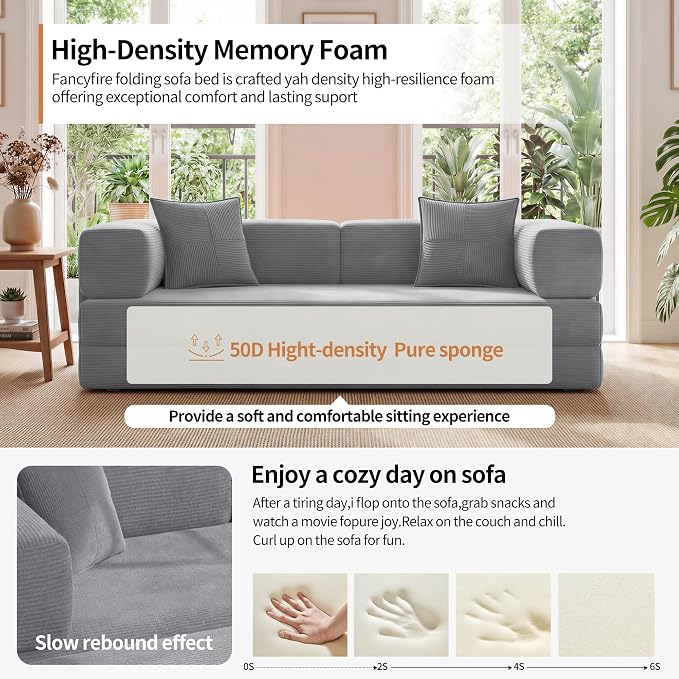 78.8" Convertible Sofa Bed with Armrest Pillow, 4-in-1 Sleeper Couch Bed for Livingroom, Modular Corduroy Boneless couches, No Assembly (Grey)