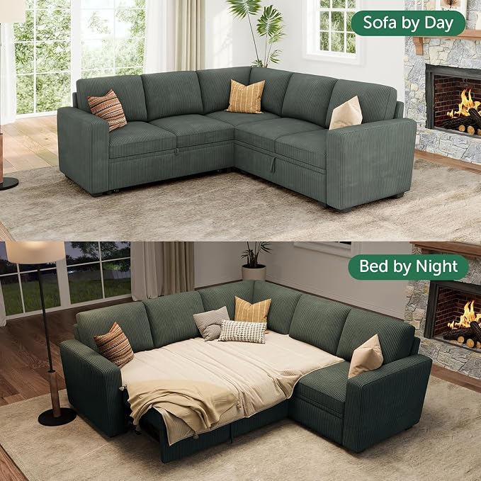 HONBAY Modular Sectional Sleeper Sofa with Pull Out Bed, Corduroy L Shaped Couch with Storage, Sectional Couches for Living Room, Green