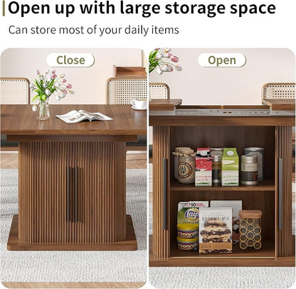 Extendable Dining Room Table for 4-6, 47-65 Inch Rectangle Kitchen Dining Table with Large Storage, Fluted Sliding Door, Expandable Mid Century Modern Dinner Furniture, Living Room, Walnut, Brown