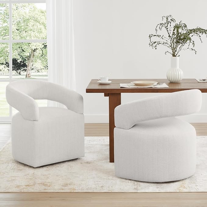 KISLOT Upholstered Dining Chairs Set of 2, Modern Rolling Dining Chairs with Hidden Casters, Arm Kitchen Chairs with Linen Look Fabric, Padded Barrel Chairs for Dining Room, Kitchen, Light Linen