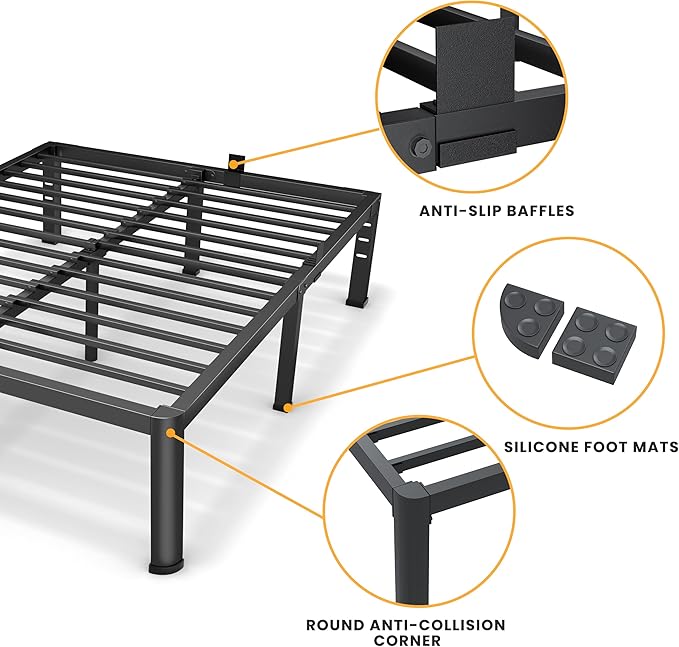 Superay 16 Inch Full Size Metal Platform Bed Frame with Round Corners, Storage Space Under High Bed Frame-Heavy Duty Steel Slats Support, Noise Free - Easy Assembly - No Box Spring Needed