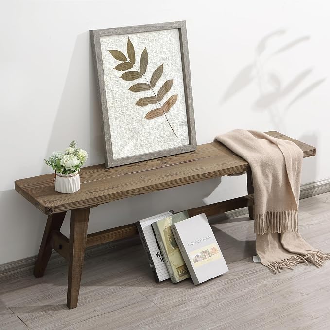 Wnutrees 47" Farmhouse Wood Bench, Solid Wood Entryway Bench for Dining Room End of Bed, Easy to Assemble, Brown
