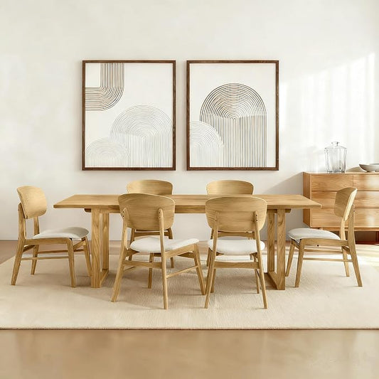 KISLOT Wooden Dining Chairs Set of 6, Upholstered Modern Dining Room Chairs, Mid Century Oak Kitchen Chairs with Ergonomic Wood Backrest for Farmhouse, Restaurant, Café (Cream Fabric & Original Color)