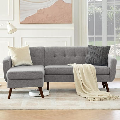 Kingfun L Shaped Couch, 80" W Mid-Century Modern Sofa, Sectional Couches, 3 Seater Sofas with Wide Chaise Lounge, Button Tufted Upholstered Sectional Sofa for Living Room, Bedroom, Gray