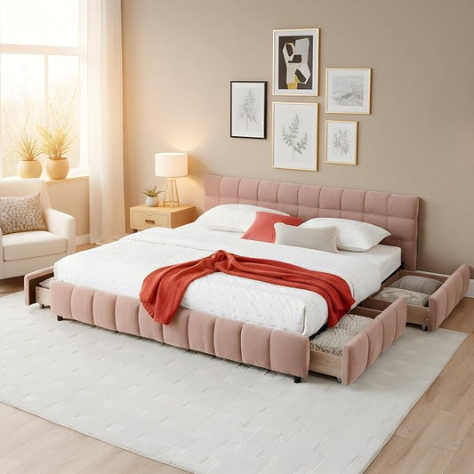 KEIKI King Thick Chenille Bed Frame with 4 Storage Drawer & Upholstered Tufted Headboard, Modern Solid Wood Floor Platform for Bedroom, No Box Spring Needed