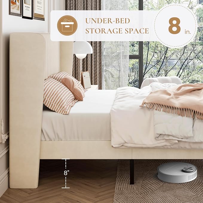 SHA CERLIN King Size Velvet Bed Frame with Vertical Channel Tufted Wingback Headboard, Upholstered Platform Bed with Wood Slats, No Box Spring Needed, Easy Assembly, Cream White