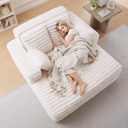 JEEOHEY 56" Oversized Chaise Lounge Chair Indoor,Plush Faux Fur Sleeper Sofa Couch Bed with Pillows&Wide Armrests,Fluffy Comfy Cloud Couch,Compression Foam Couch for Living Room,Bedroom(Beige)