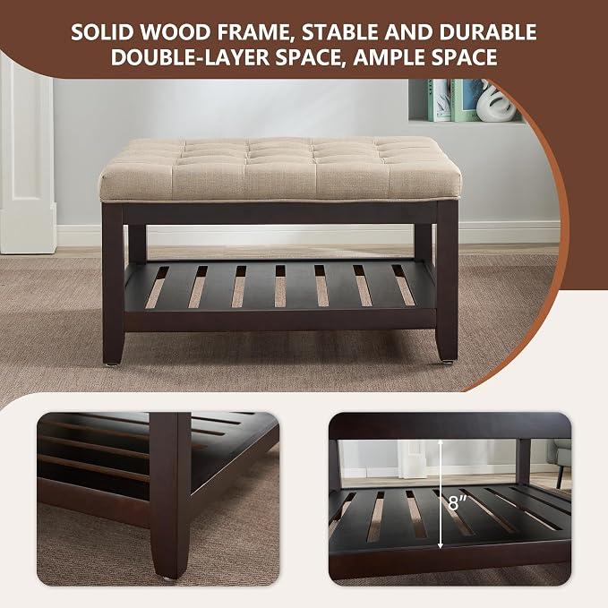 adochr 33'' Large Square Ottoman Coffee Table with Storage, Upholstered Button Tufted Footrest Ottoman with Solid Wooden Tray,Coffee Table for Living Room, Light Brown