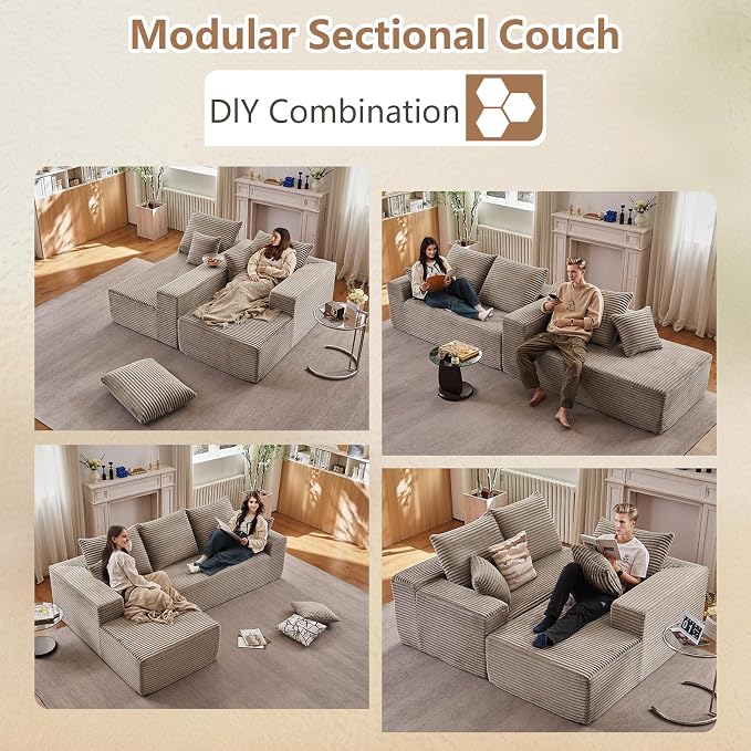 96" Modular Sectional Sofa, Modern Corduroy Cloud Couch with Deep Seat, Boneless Couch Upholstered 3-Seater L-Shaped Sofa for Living Room, No Assembly Required (Camel, Left-Facing Chaise)