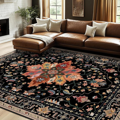 RELEANY Area Rugs 7'x10' Washable Non-Slip, Floral Vintage Distress Medallion Carpet for Living Room Bedroom Dining Room, Black Colorful Floral Dark Tan